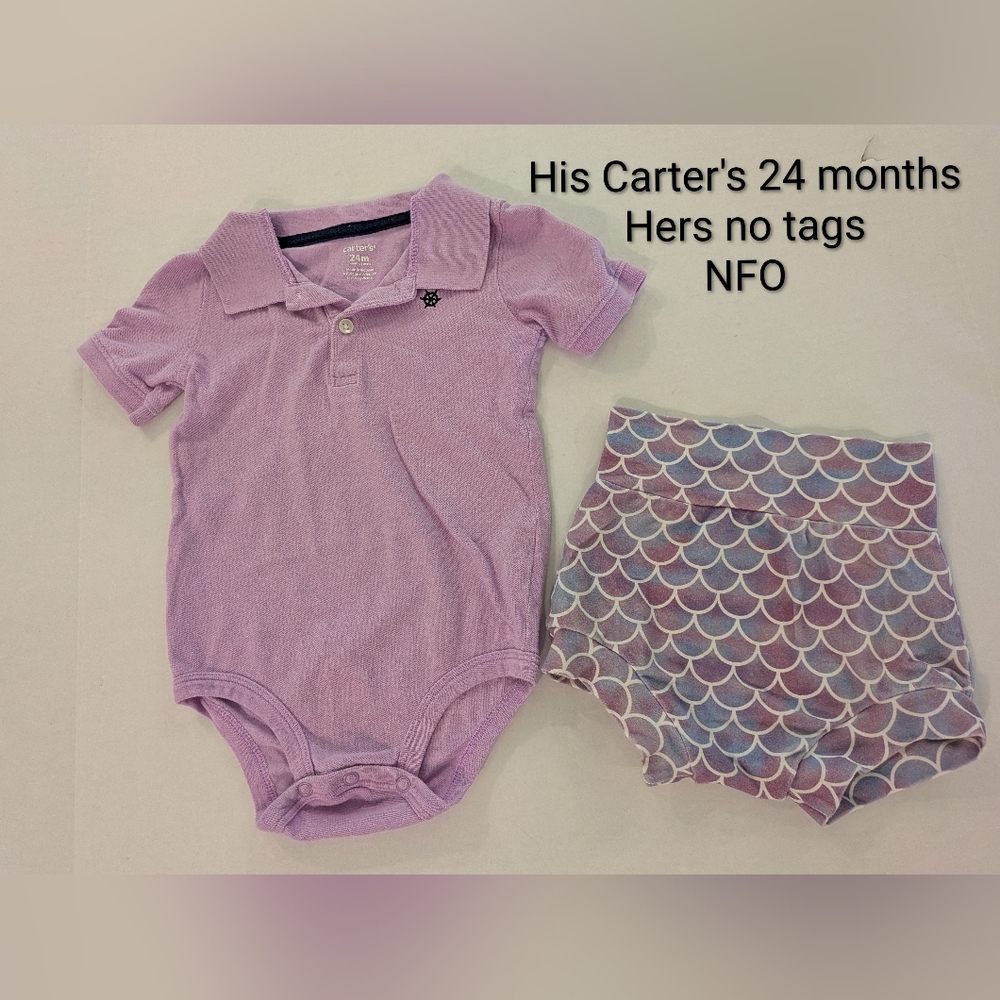 Boy Girl TWIN Matching Lavender Bodysuit And Handmade Mermaid Shorties